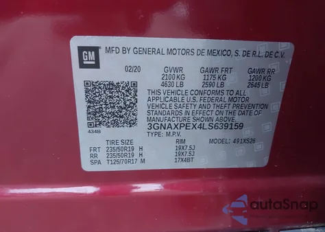 2020 Chevrolet Equinox Fwd Premier 2.0L Turbo z USA, uszkodzony, nr VIN 3GNAXPEX4LS639159